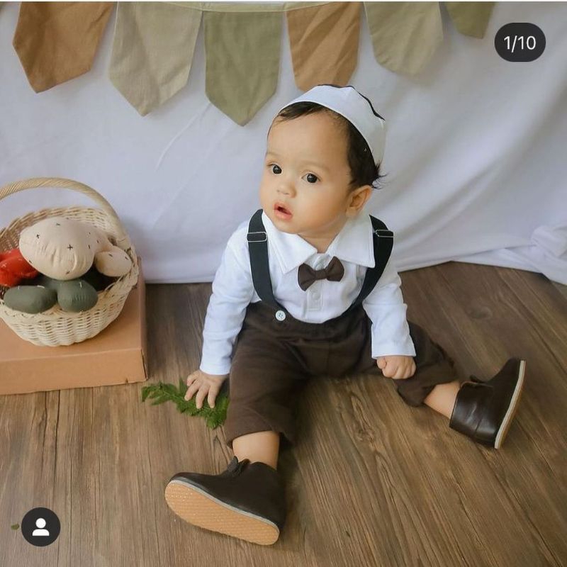 [6-18M] 5in1 Baju setelan koko celana dasi pergi jalan lucu bestseller fashion anak bayi cowok murah / setelan koko tuxedo 5in1 set koko baby boy lucu / hampers baby cowok murah / setelan koko bayi suspender peci dasi celana