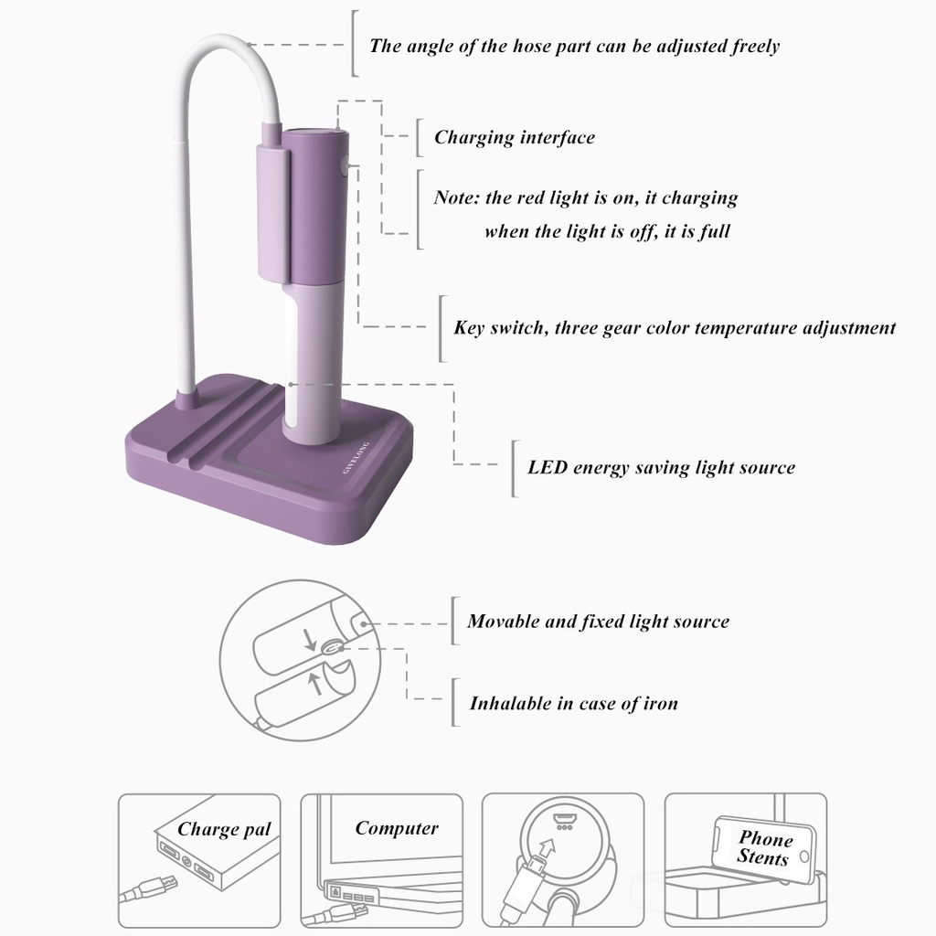 LED Lampu Meja Lampu Baca Belajar / Lampu Kerja Sentuh 3 Warna Flexible USB Charge Bisa Untuk Tatakan Hp Phone Holder