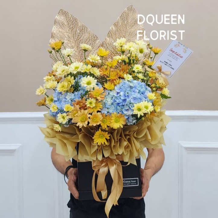 DQueen Florist Bunga Box Fresh Gift Flower Box Custom Bunga Buket Bucket Bulat Kotak Hantaran Ulang Tahun