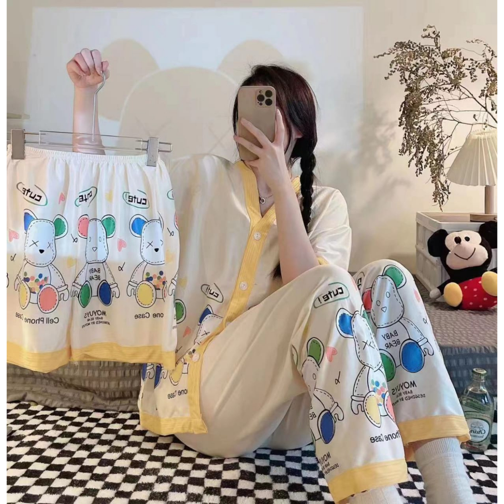 KAWAI BAJU TIDUR PIYAMA SETELAN 3IN1 KANCING LD 110IMPORT