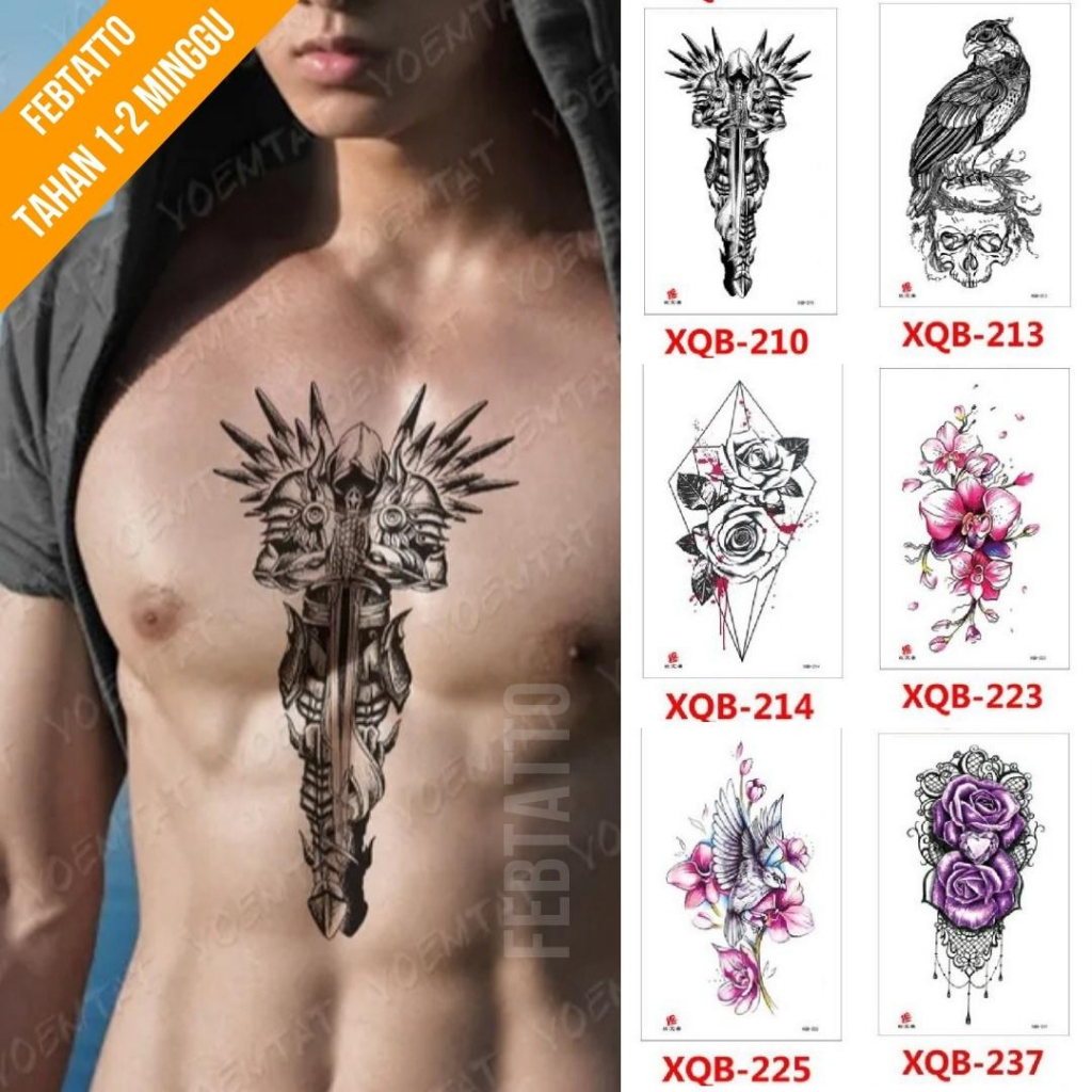 Tato Temporer Ukuran 21cmx11cm Tato Lengan Tato Dada Tato tangan Tato Kaki Tato Punggung Tato Jari  Motif Aesthetic Tatto Temporary Stiker Tato Halal Grosir Tato air motif ksatria, burung, bunga XQB 210