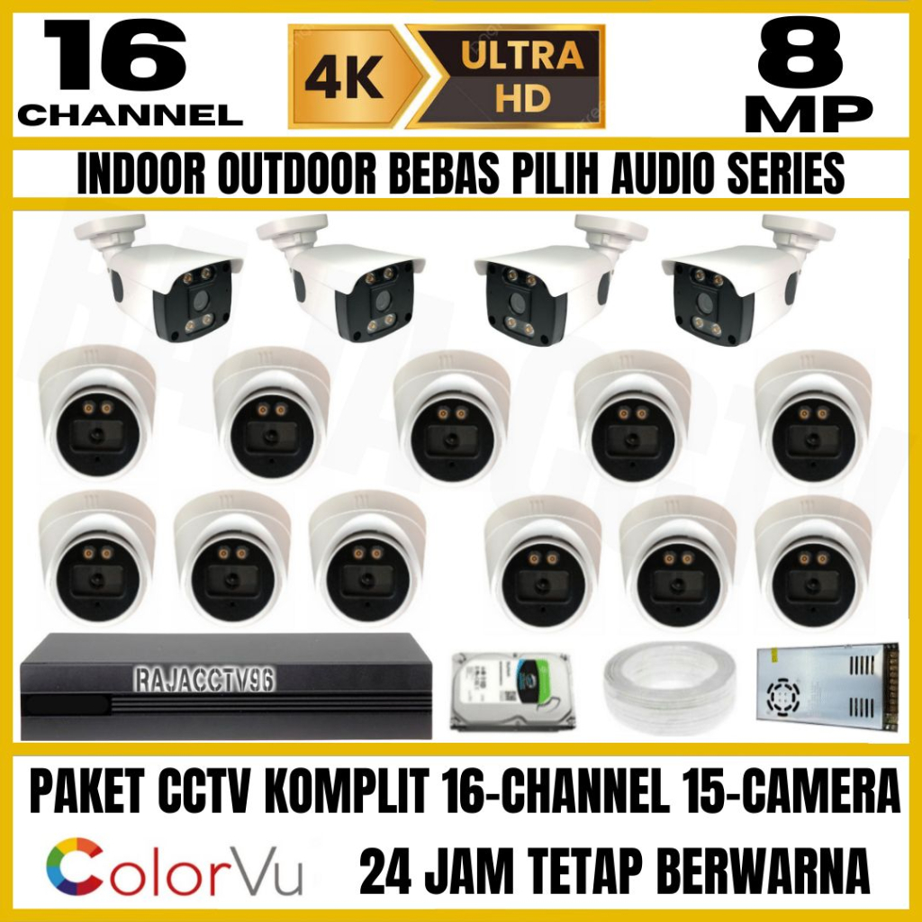 PAKET CCTV 8MP COLORVU COLORFUL 16 CHANNEL 15 KAMERA ULTRA HD CAMERA AUDIO SERIES