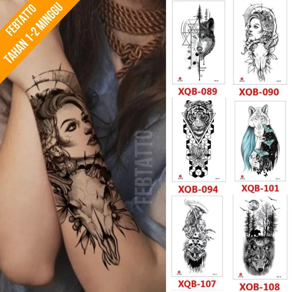 Tato Temporer Ukuran 21cmx11cm Tato Lengan Tato Dada Tato tangan Tato Kaki Tato Punggung Tato Jari  Motif Aesthetic Tatto Temporary Stiker Tato Halal Grosir Tato air motif serigala, perempuan, harimau, tengkorak XQB 090