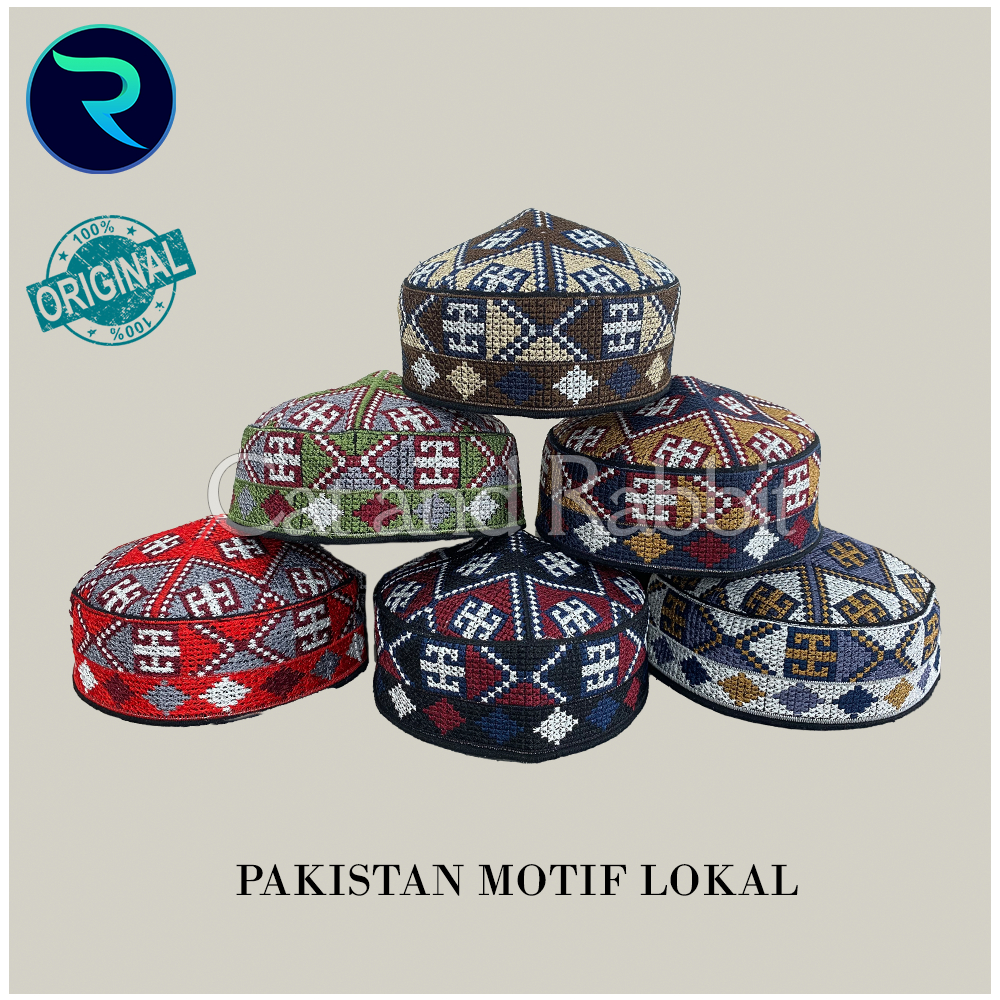Kopiah Peci PAKISTAN STICK Rajut Motif Ovais Cap Full Bordir Kopiah Haji Sholat Santri Pria Dewasa A