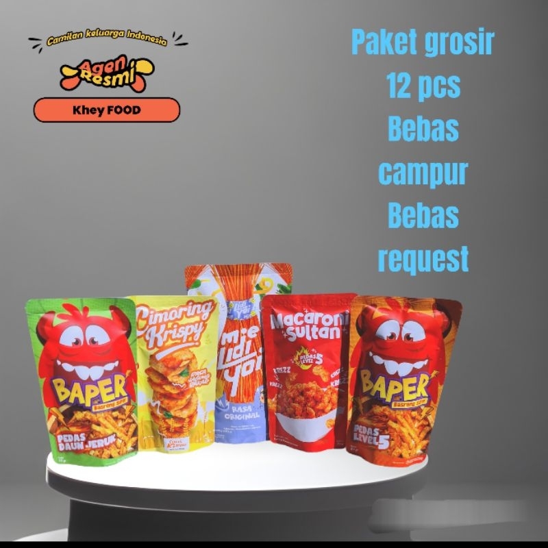 

Paket Grosir 12 pcs Campur Basreng Baper / Mie Lidi Yoi / Cimoring Krispy / Macaroni Sultan Bebas Request