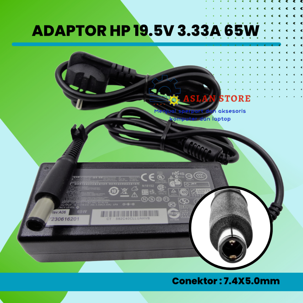 Adaptor hp Compaq 19.5V 3.33A 65W DC 7.4x5.0 jarum tengah untuk HP1000 hp pavilion 23-g000 all-in-one hp pavilion touchsmart 22-h100 all-in-one