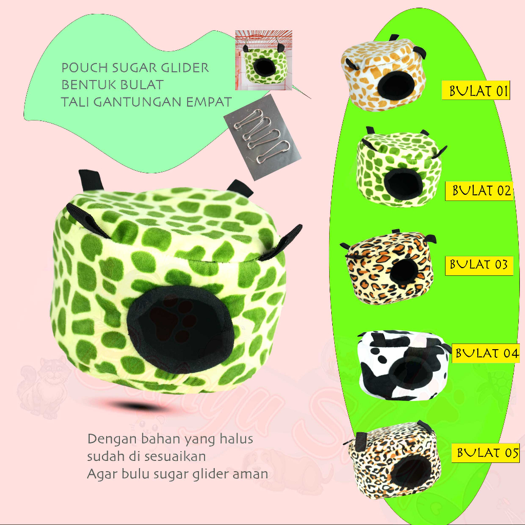 POUCH SUGAR GLIDER BULAT GANTUNGAN EMPAT-TEMPAT TIDUR-TEMPAT BERMAIN-BUBUR SUGAR GLIDER