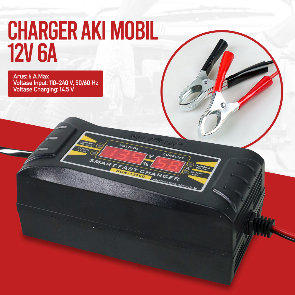 Charger Aki Mobil Wet Dry Lead Acid Digital Smart Battery Charger 12V6A - SON-1206D - OMRSG9BK Black