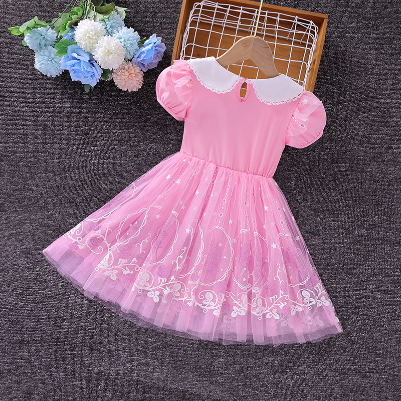 【Gratis Mahkota】Kids Girl Frozen Elsa Putri Gaun Musim Panas Tutu Tulle Bunga Kostum