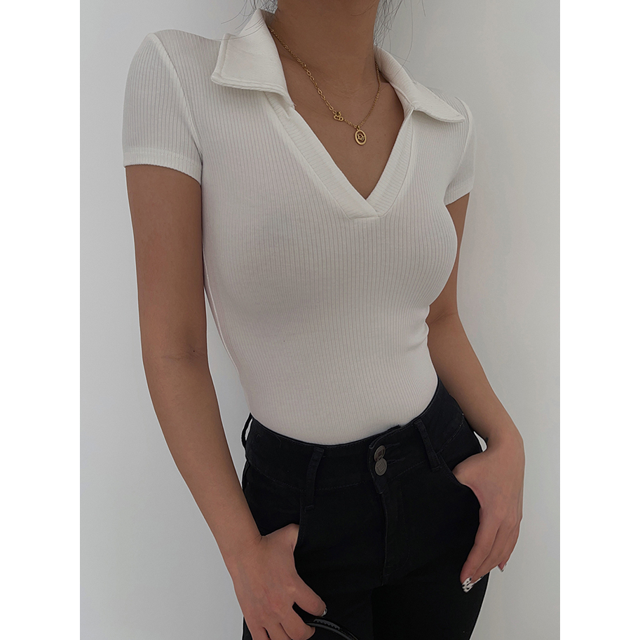 【LIVIAHOME】Collared Deep V-Neck Skinny Crop T-Shirt 7143