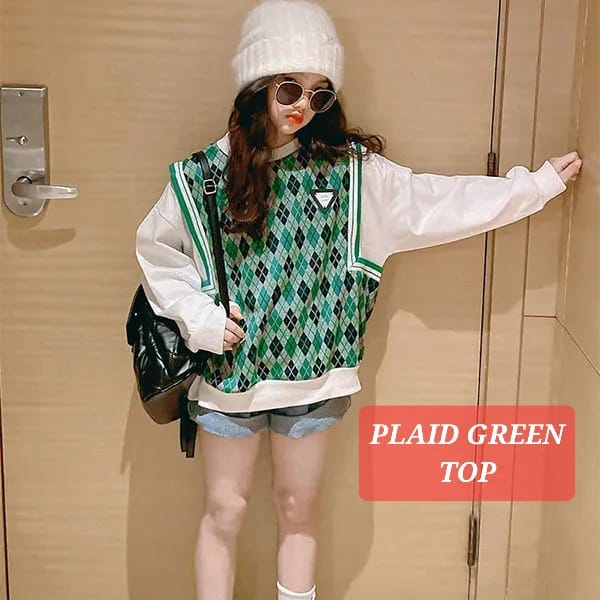 PLAID GREEN TOP BAJU ATASAN ANAK PEREMPUAN FASHION KOREA KPOP IMPORT