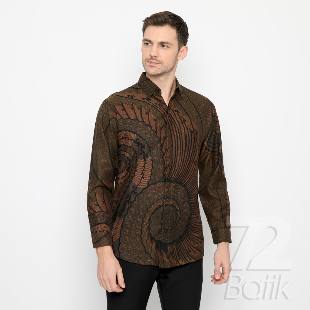 KEMEJA BATIK PRIA LENGAN PANJANG Kemeja Dobby Slimfit Motif Tentaken Warna Hijau Alam Coklat 722428 Cap 72 - Baju Kemeja Atasan Pakaian Setelan Batik Pria Cowok Laki Laki Remaja Keluarga Kantor Lengan Panjang Modern Slimfit Slim Fit Premium Kekinian