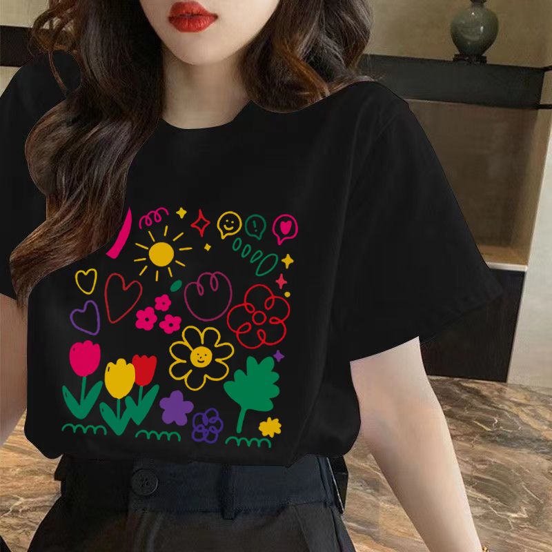 XiaoZhaiNv Kaos Atasan Oversize Wanita Cartoon Flowers Pattern Lengan Pendek A0094