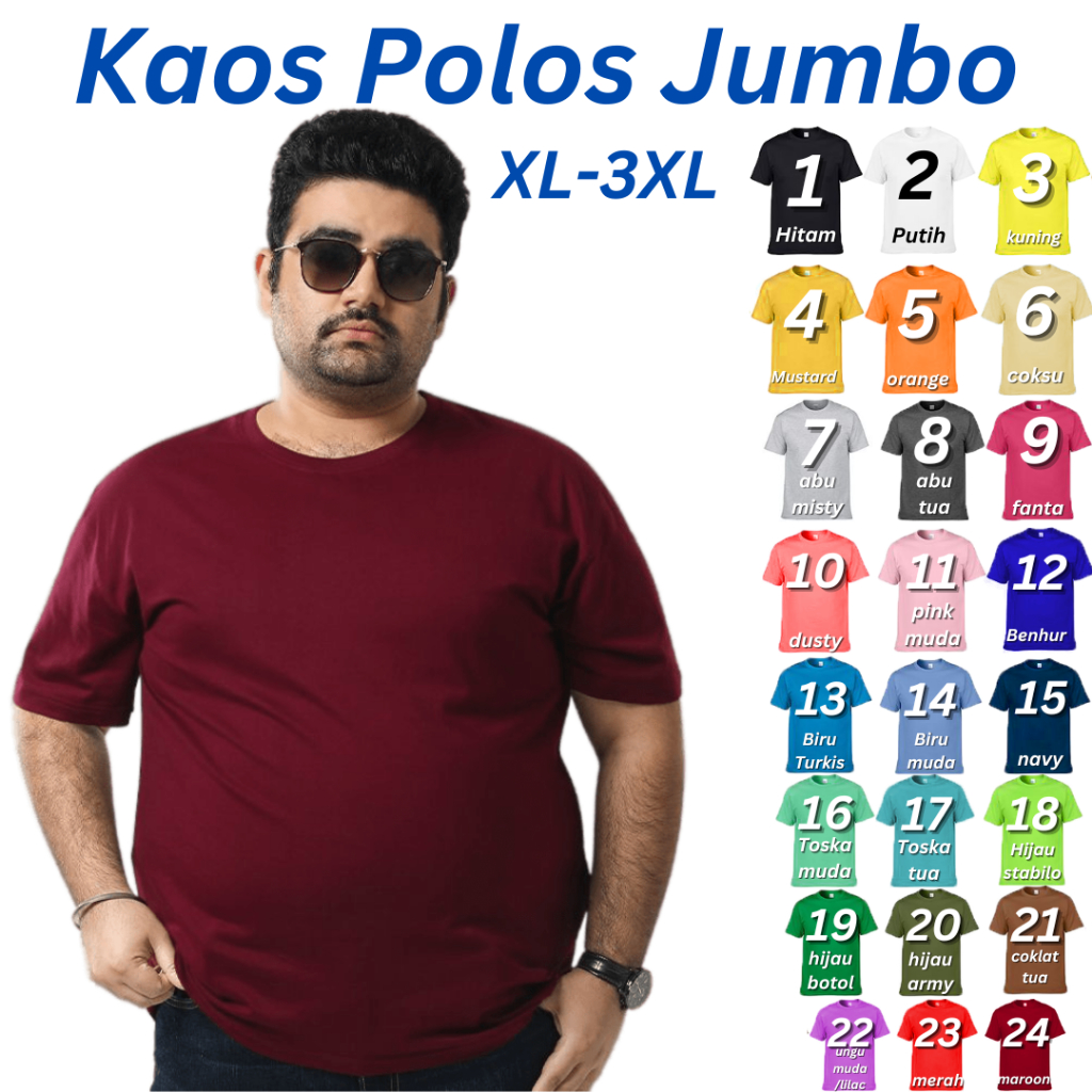 Kaos Jumbo Polos Pria Wanita 2XL 3XL