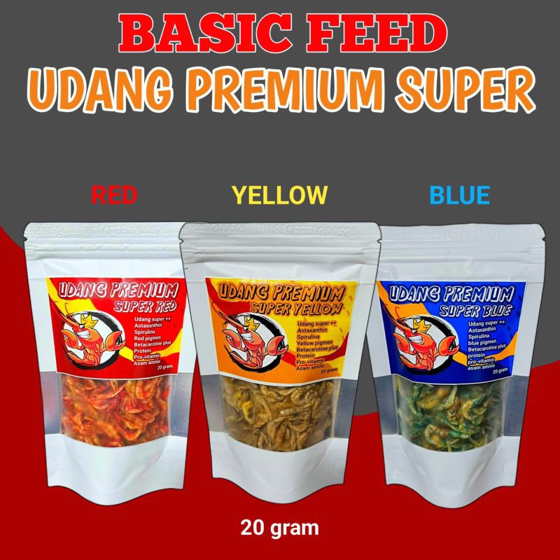 BASIC FEED udang premium super red yellow blue 20gram | makanan ikan channa | pakan ikan predator ud