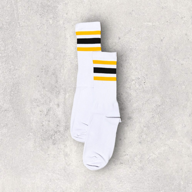 KAOS KAKI PANJANG PUTIH MOTIF GARIS 3 KUNING HITAM