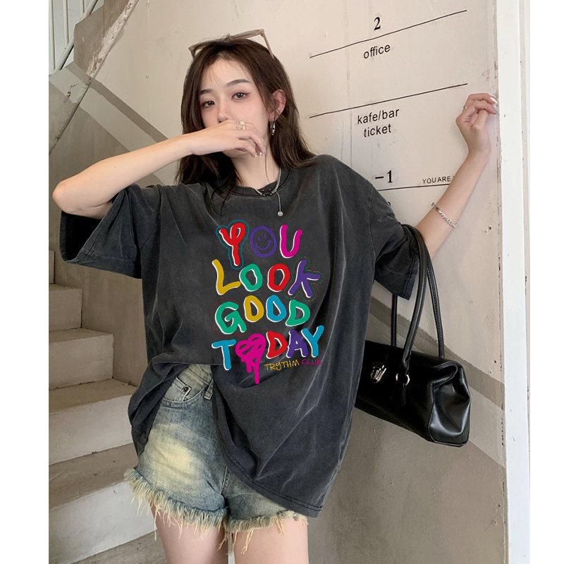 kaos wanita kaos oversize atasan wanita t shirt pria lengan pendek kaos pakaian t shirt Hitam washed baju wanita kaos wanita