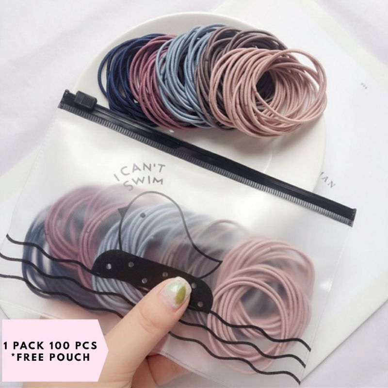[free pouch] isi 100 ikat rambutkorea/kunciranrambut/ kuncir rambut/ ikat rambut/ karet gelang polos