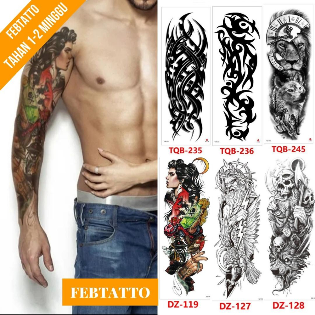 Tato Temporer Ukuran 17cmx48cm Motif Aesthetic Tatto Temporary Stiker Tato Halal Grosir Tato air motif tribal, macan, perempuan, burung garuda, tengkorak DZ 119