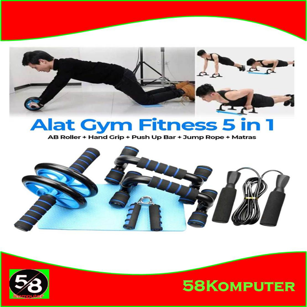 Alat Gym Fitness Roller Roda Push Up Ab Wheel Roller Double Exerciser Roll Set Alat Olahraga Otot Perut Pembakar Lemak Pembentuk Otot Push Up Bar Jump Rope Hand Gripper Dan Matras Alat Gym Fitness Roller Push Up Bar Hand Grip 5 in 1