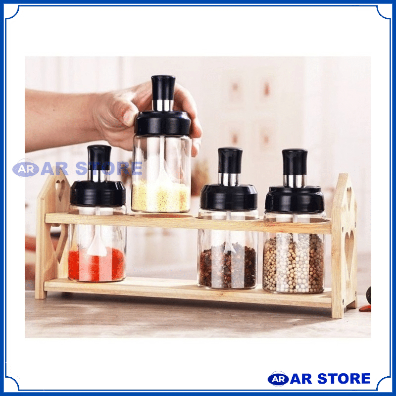 AR Botol Tempat Bumbu Dapur Kaca + Sendok / Wadah Penyimpanan Kopi Gula Garam Micin Lada Merica Kecap Saus Seasoning Bottle Glass Aesthetic Kedap Udara Serbaguna