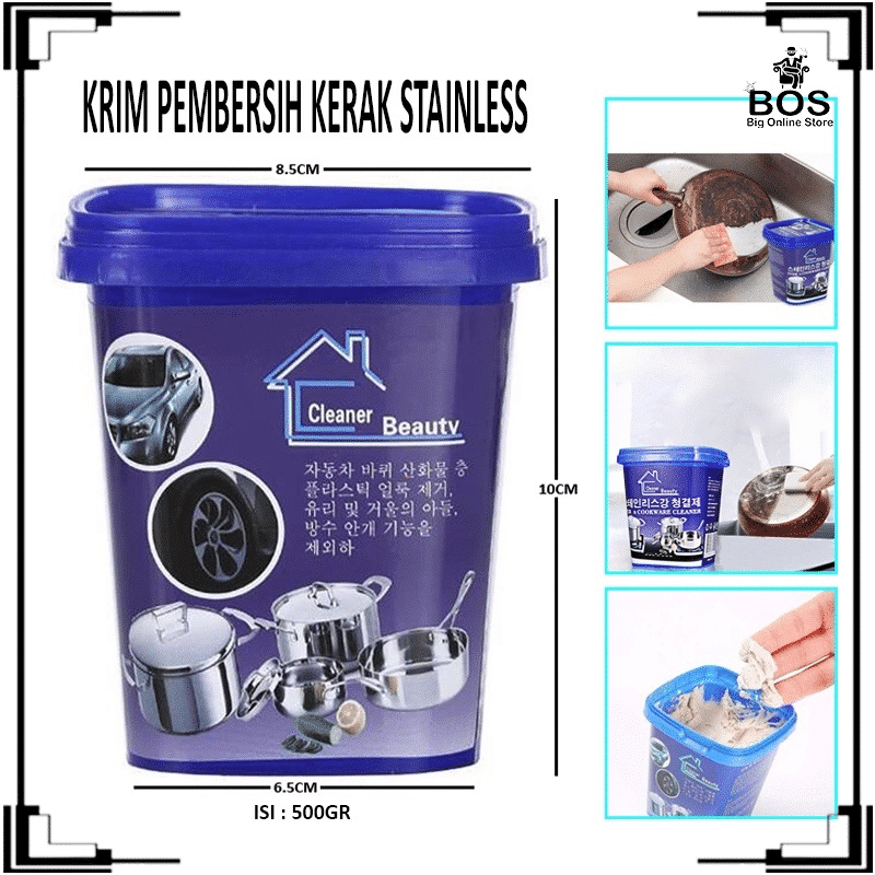 BOS- KRIM PEMBERSIH KERAK STAINLESS ISI 500GR / CLEANER BEAUTY KOREA / PENGHILANG NODA GOSONG / KRIM PANCI / KRIM PEMBERSIH PANCI