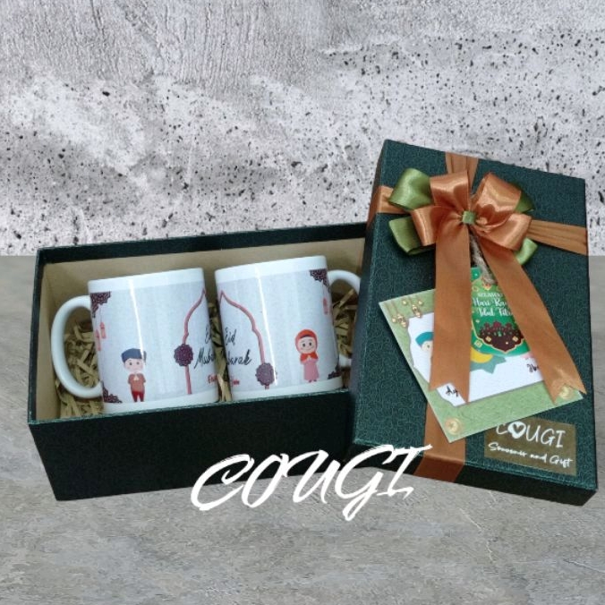 hampers idul fitri mug couple lebaran kado eid mubarak hardbox pita / mug custom