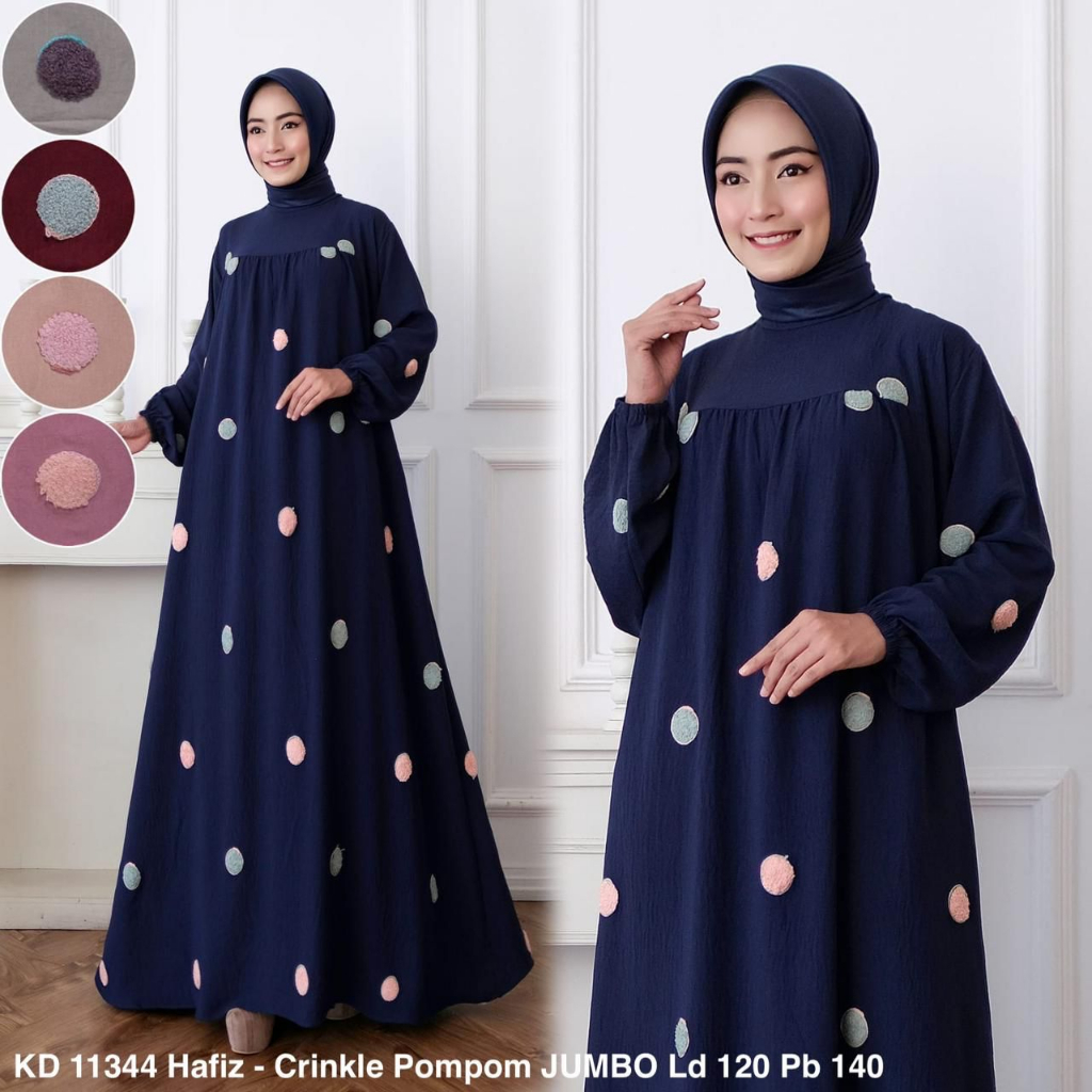 KD 11344 (isi 2) ASYA Jumbo Gamis Crinkle Airflow Emborderi Bludru Bola Pom-Pom Lebar Mayung Home Dr