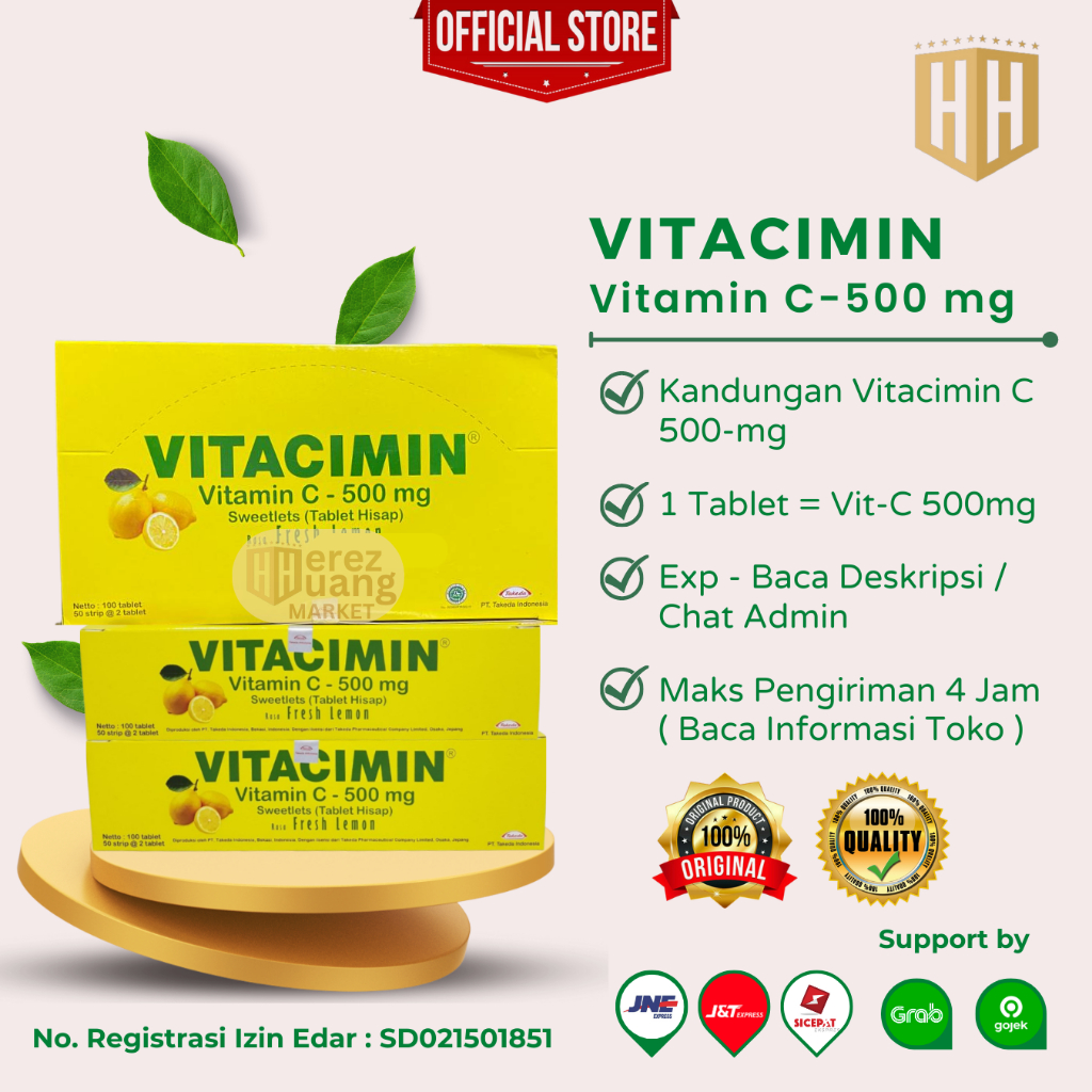 VITACIMIN LEMON C-500mg, Vitamin C Rasa Lemon 1 box Isi 100 tablet / 50 Strips Lemon