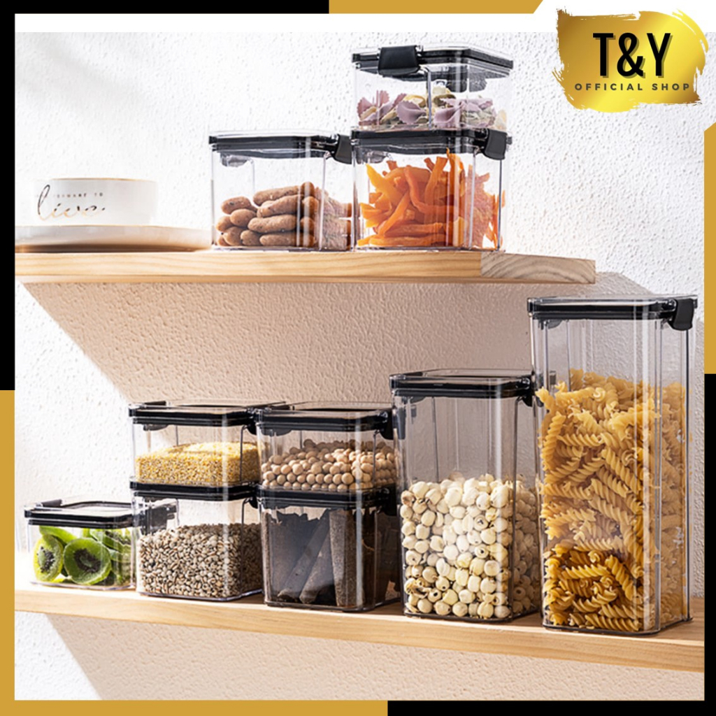 T&amp;Y Toples Acrylic Penyimpanan Cereal Kotak Bening Kedap Udara 1800ML Kontainer Makanan Storage Jar Food Tempat Bumbu Wadah Snack  Storage Box Penyimpanan Bahan Makanan Murah Import