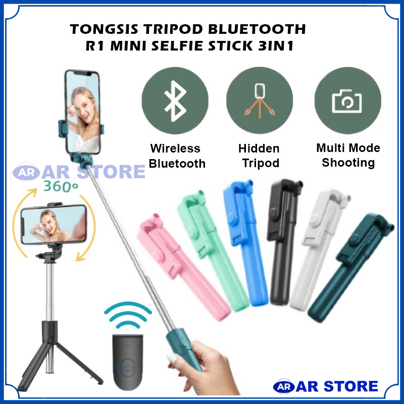 AR Tongsis Tripod R1 + Bluetooth Remote Shutter ( 3in1 ) / Tripod Mini + Tongkat Narsis Monopod + Remot Wireless Blutut / Mini Selfie Stick 360° Penyangga Handphone Kamera Untuk Travelling Aksesoris Fotografi Mobile