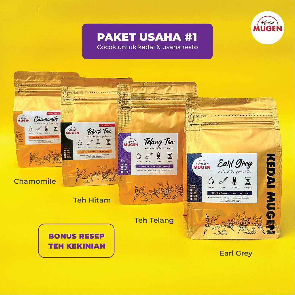 

Kedai Mugen - Bundling Promo Teh Hitam + Earl Grey + Chamomile + Telang untuk usaha restoran