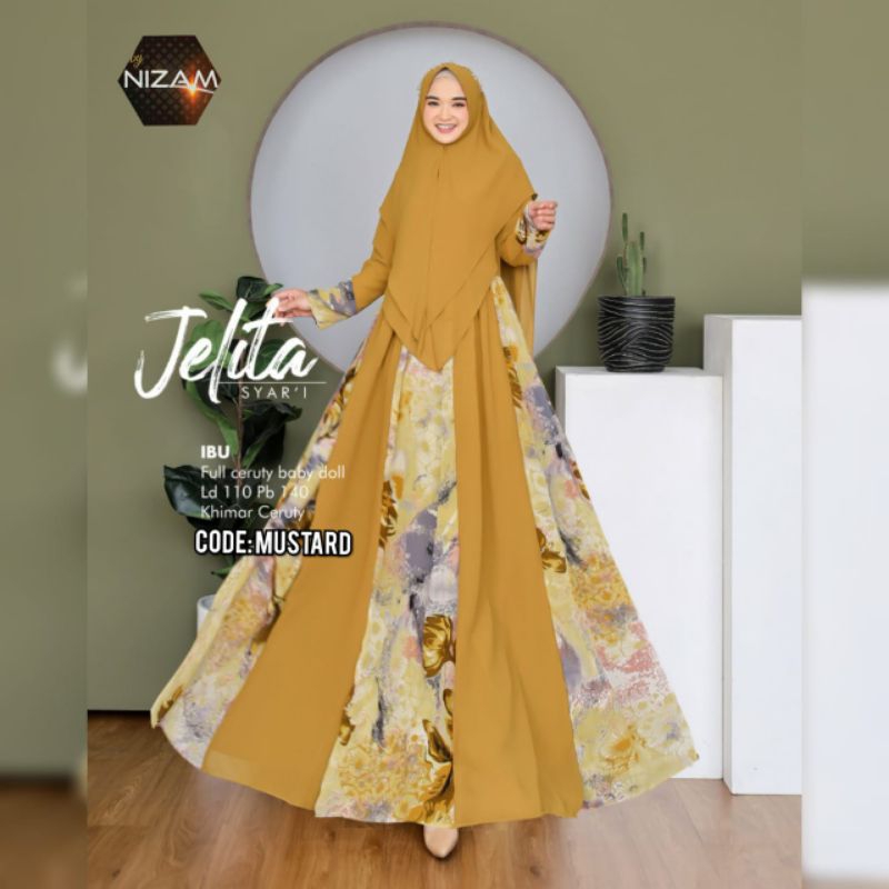 JELITA SYARI 1 2 /GAMIS SYARI JUMBO MOTIF LD 110 PESTA PARTY DRESS PREMIUM CERUTY BABYDOLL MUSLIM MO