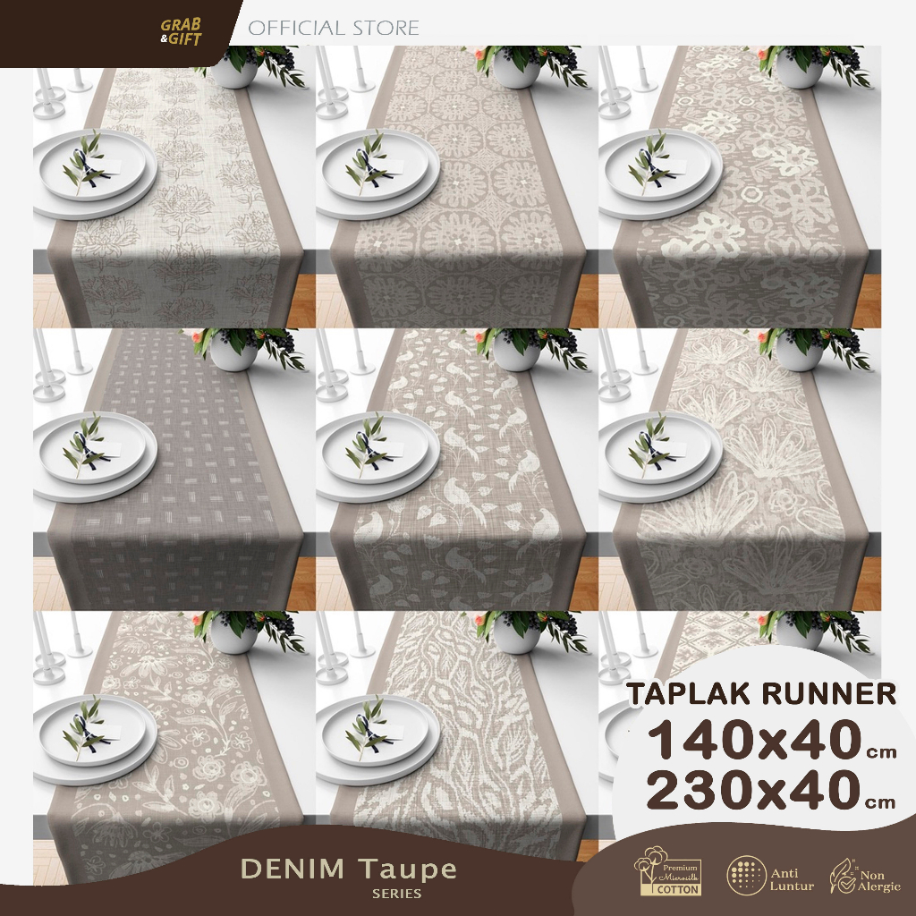 Table Runner / Taplak Meja Print Motif Denim Taupe Abstrak 140x40 dan 230x40 cm Patchwork Dekorasi Meja Makan Kasur