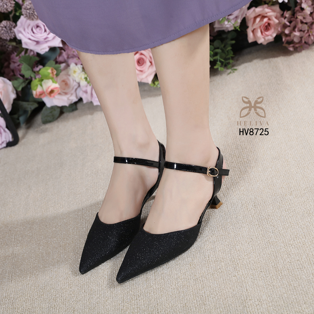 HELIVA LINA Sepatu Pesta Lancip Hak 5cm Tinggi Bahan Kulit Gliter Manik Sling Back Gesper Ankle Warp Wedding Heels Shoes Kondangan Wisuda HV8725 Original Brand