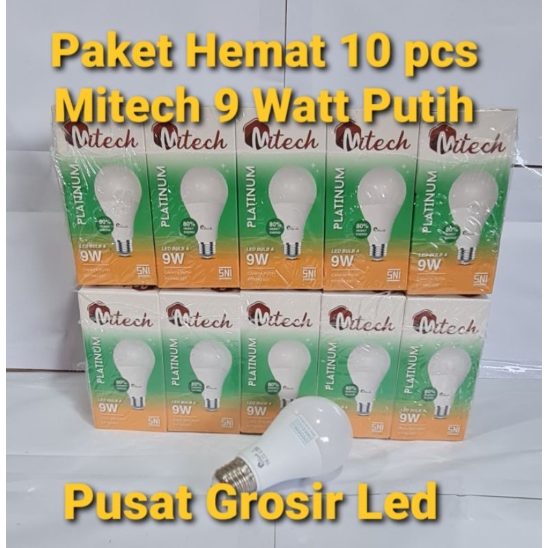 Paket Hemat 10 Pcs Lampu Led Mitech 9W 9 Watt SNI Bergaransi 1 Tahun Putih Dan Kuning