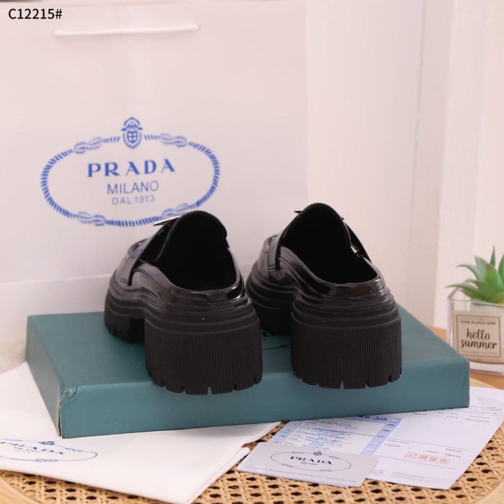 PR Chocolate Brushed Leather Loafers Women Mules C12215