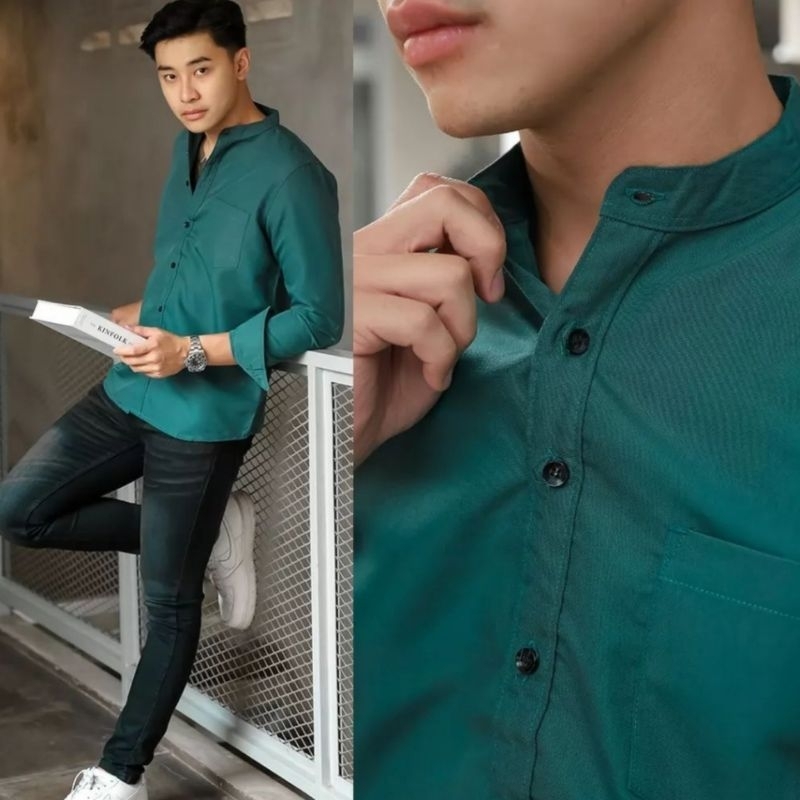 Kemeja Pria Lengan Panjang Polos Kerah Shanghai Casual Formal Bahan Oxford Premium Size M L XL XXL XXXL