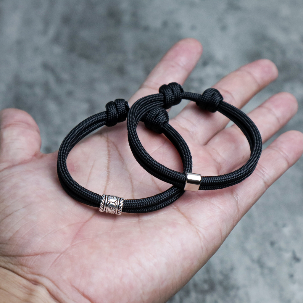 Gelang Tali Hitam Polos Paracord Pria Wanita Plus Spacer Metalik Anti Karat Couple Premium