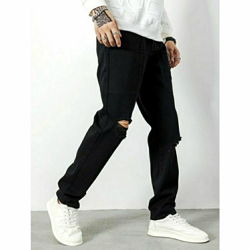 CELANA SOBEK PRIA RIPPED JEANS ROBEK STANDAR REGULER BASIC HITAM 28-38