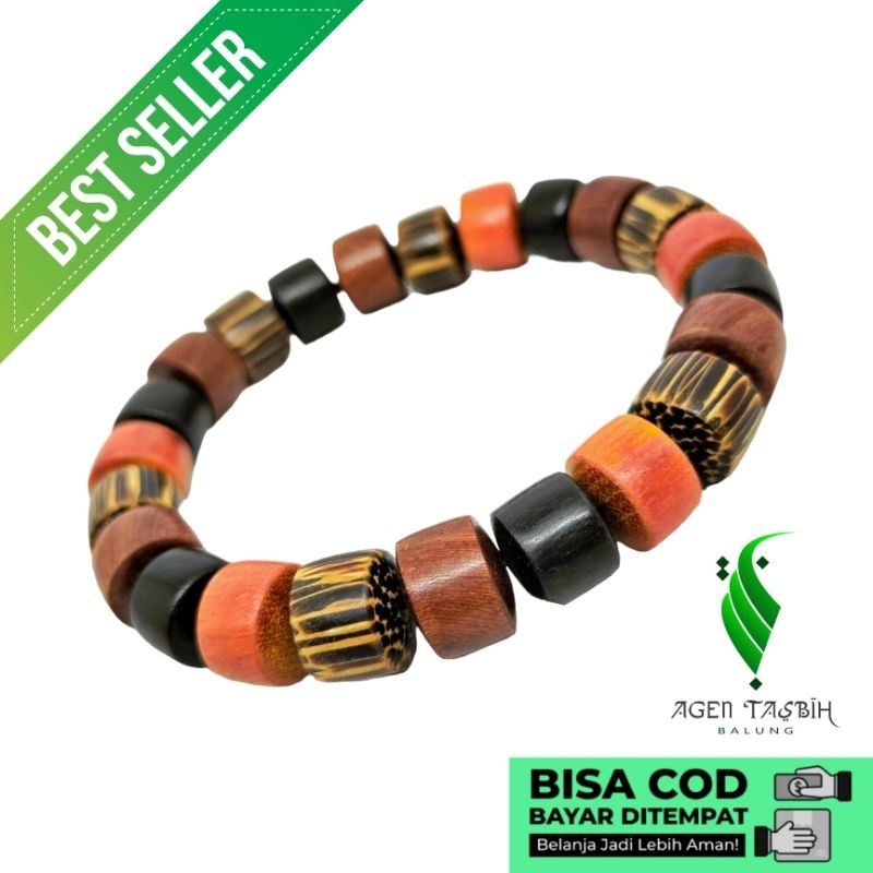 Gelang Kombinasi 4 kayu Motif tabung Size 10mm Asli 100%