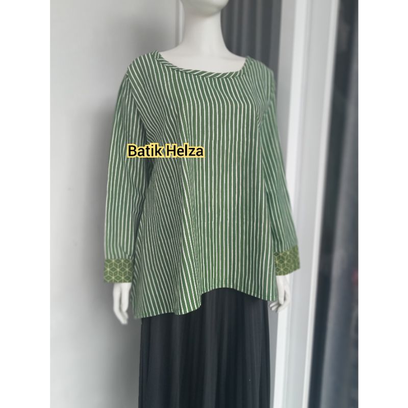 blouse batik wanita modern solo recommended motif Garutan lurik hijau bahan katun size S-XXXL cocok 