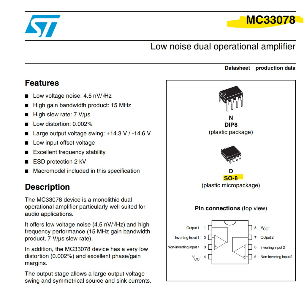 RK MC33078 Low-noise Dual Operational Amplifier SO-8 33078 Original STMicroelectronic