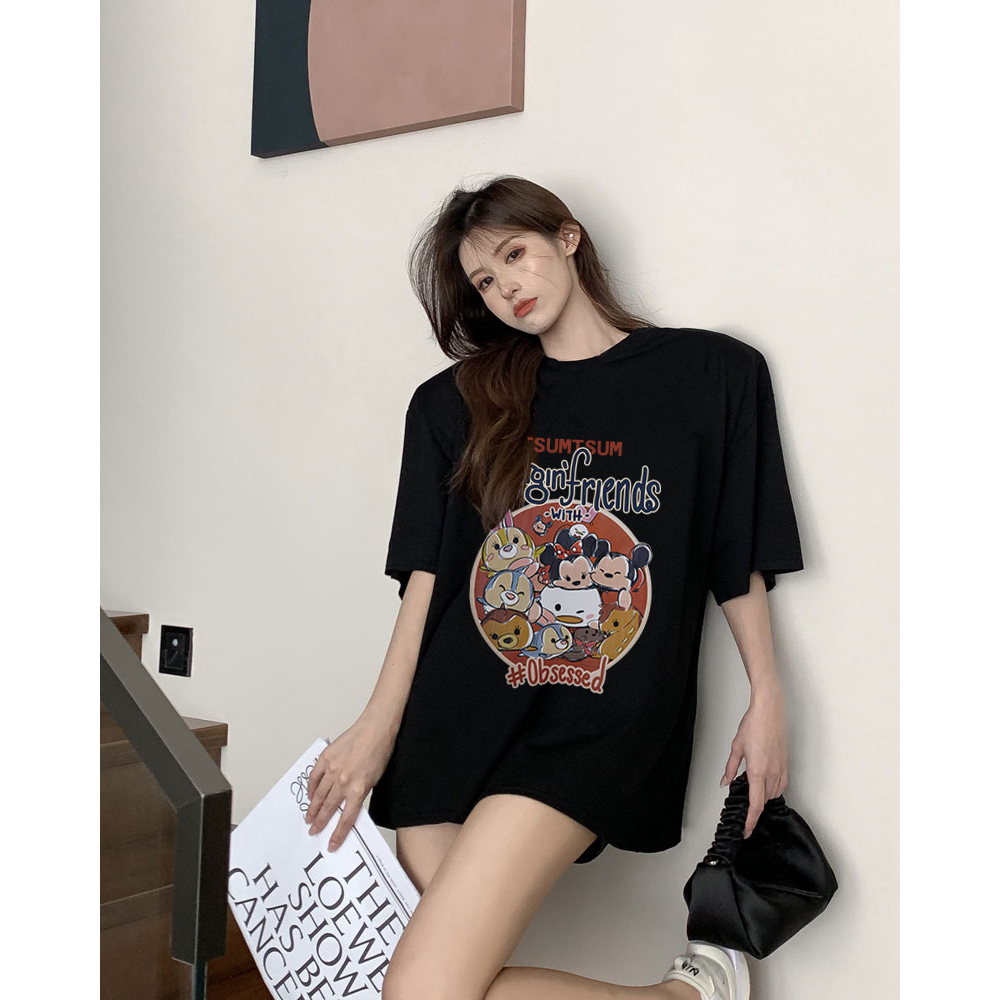 XiaoZhaiNv Kaos Atasan Oversize Wanita Disney Mickey Mouse Pattern Lengan Pendek A0307