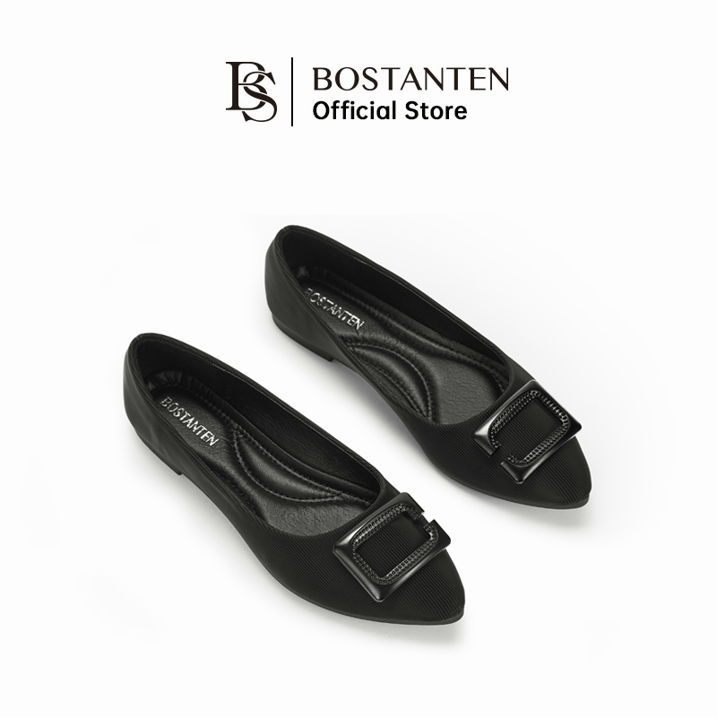 BOSTANTEN Musim panas Korea menunjukkan sepatu rata dengan tombol persegi dan sandal berbaris perasaan desain, temperament, sepatu wanita peri, sepatu lembut bernafas