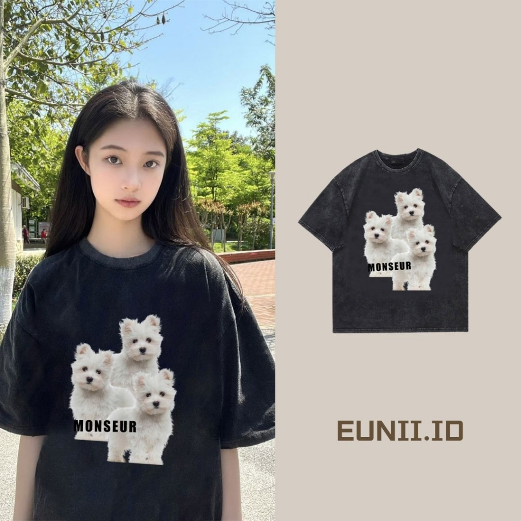 EUNII T-shirt Lengan Pendek Black Washed Cute Dog Family Printing Korean Style/Kaos Atasan Wanita/Baju Wanita/Kaos Wanita