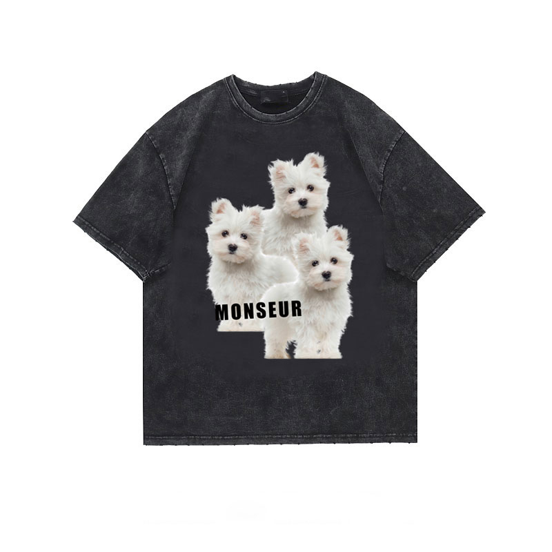 EUNII T-shirt Lengan Pendek Black Washed Cute Dog Family Printing Korean Style/Kaos Atasan Wanita/Baju Wanita/Kaos Wanita