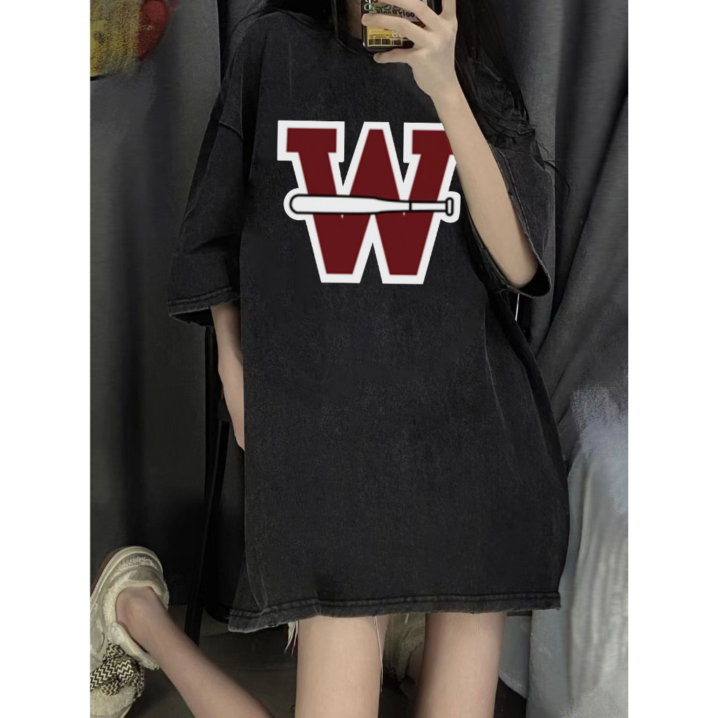 EUNII T-shirt Lengan Pendek Black Washed Vintage Baseball W Letter Printing Korean Style/Kaos Atasan Wanita/Baju Wanita/Kaos Wanita