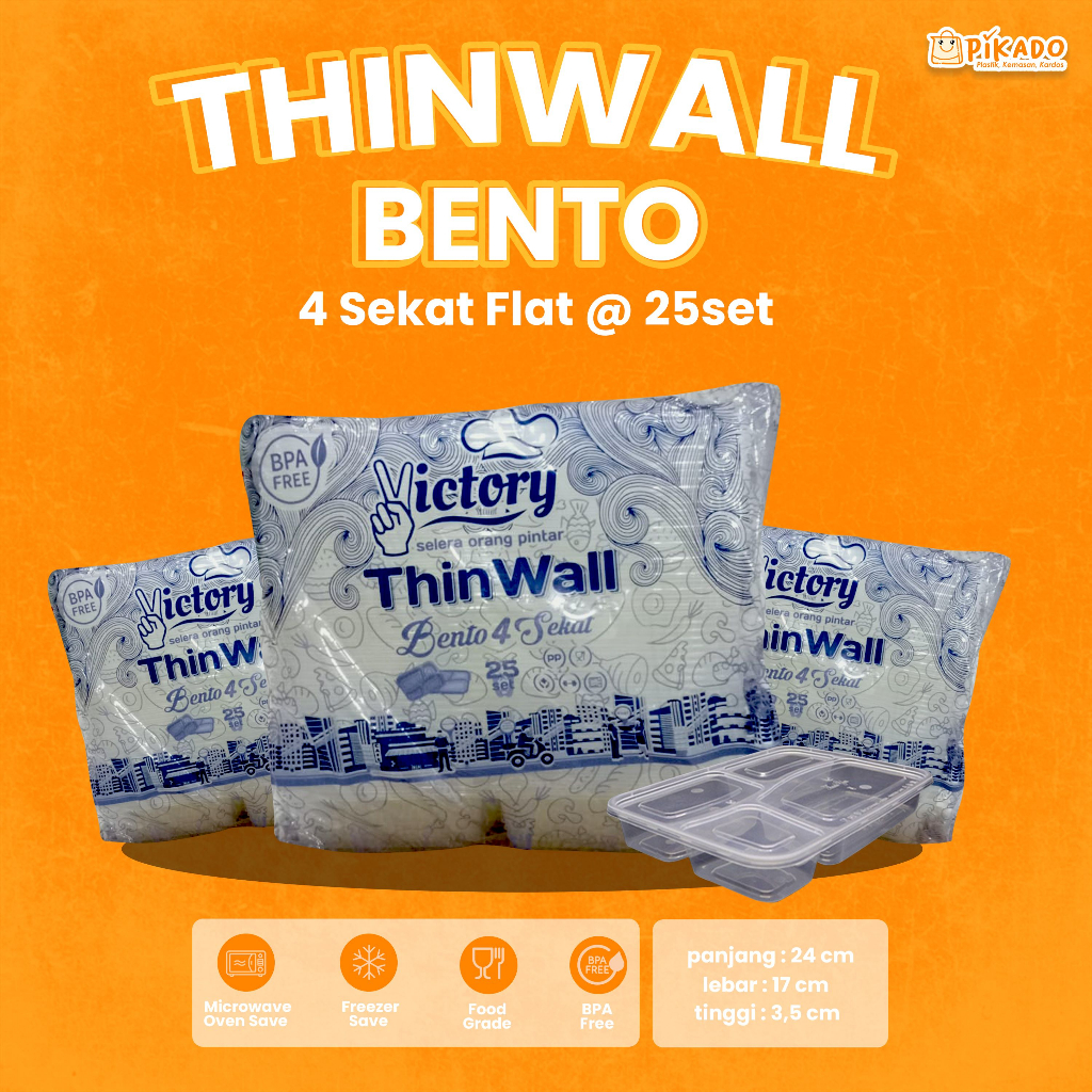 Victory Thinwall Bento 3 Sekat Flat Plastik /Bento 4 Sekat Flat Plastik/ Bento 4 Sekat Dome/ Bento 4