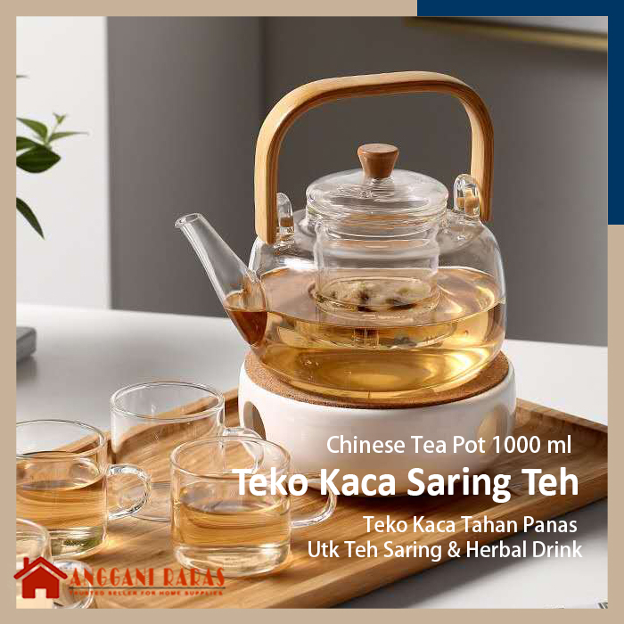 Teko Kaca Teko Kaca Tahan Panas Gagang Kayu Jepang Pitcher Kaca Pitcher Set Japanese Style Material Borosilicate Glass 1000 ml dan 800 ml